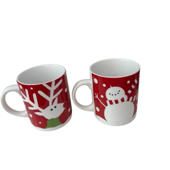 Crate & Barrel Christmas Coffee Mugs Lot of Two 12 oz ceramic Reindeer Snowman - Picture 3 of 4